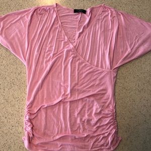 Pink wrap shirt, super flattering ruching.